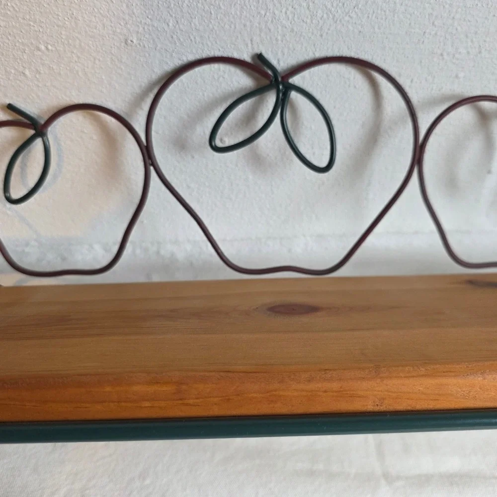 Vintage 90s Home Interiors Wood and Wrought Iron Apple Shelf Towel Bar Red Green